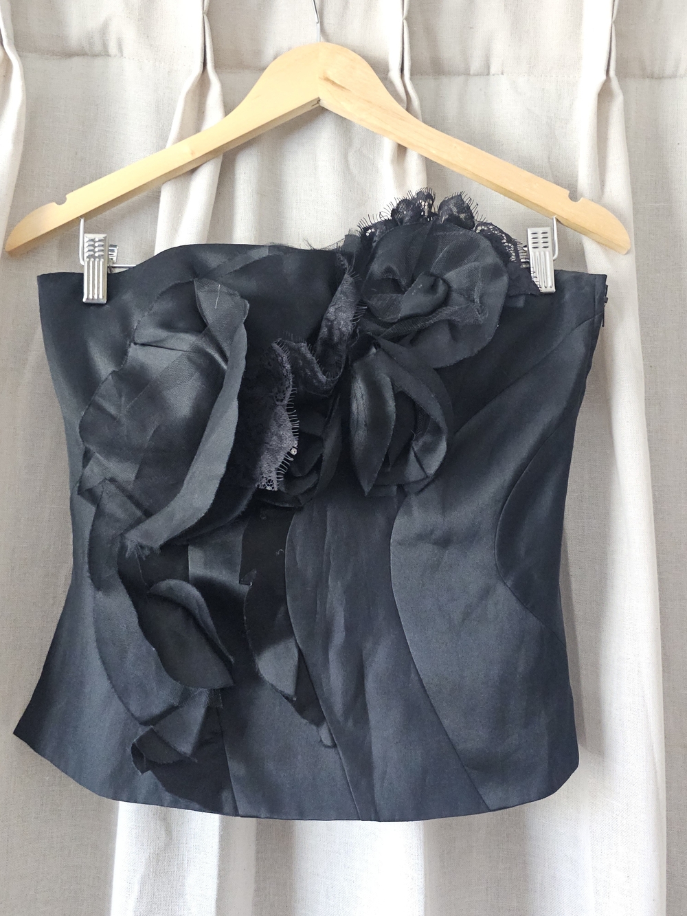 White House Black Market Black Silk Floral Strapless Corset Top